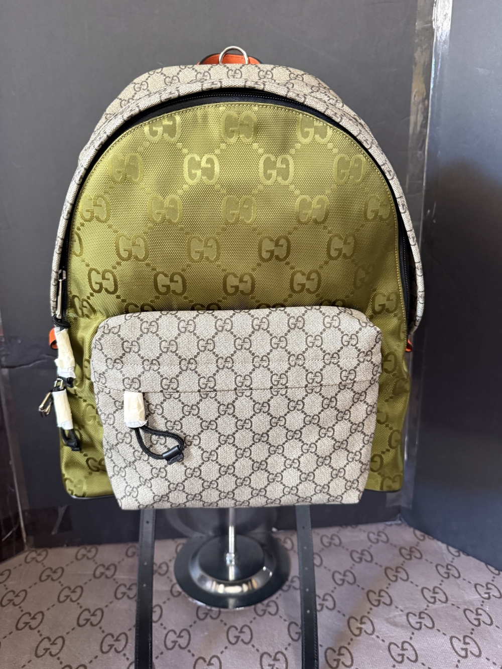 Gucci Green Monogram Backpack with Beige GG Front Pocket